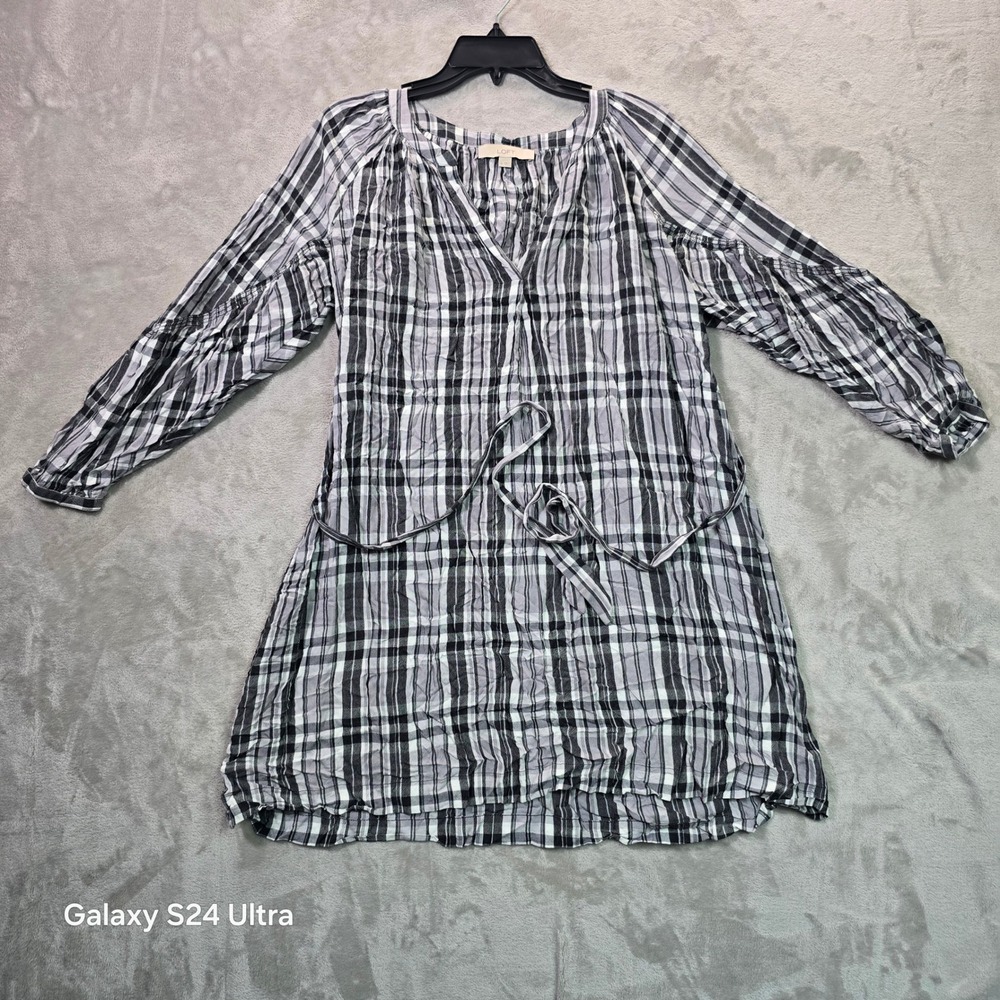 LOFT Black White Plaid Rayon Long Sleeve Tie Waist Shift Dress Medium 447002